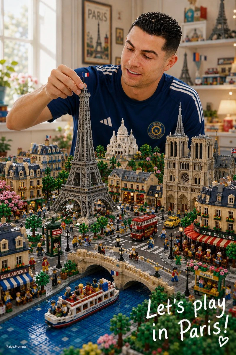 A person builds a detailed LEGO diorama of Paris with iconic landmarks and vibrant miniatures, including the Eiffel Tower.