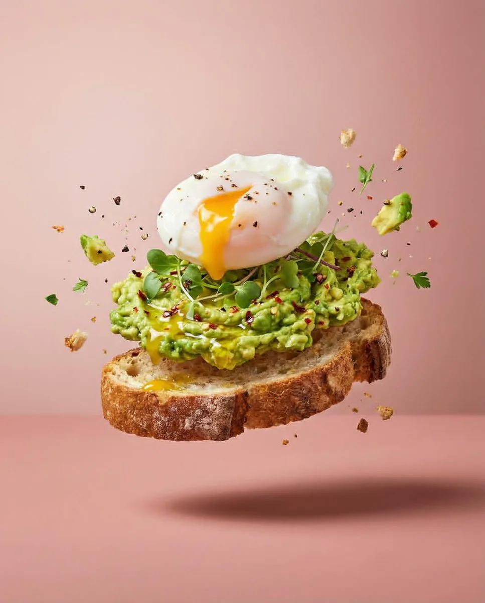 Levitating avocado toast food photo with poached egg, flying crumbs and herbs against a soft pink studio background