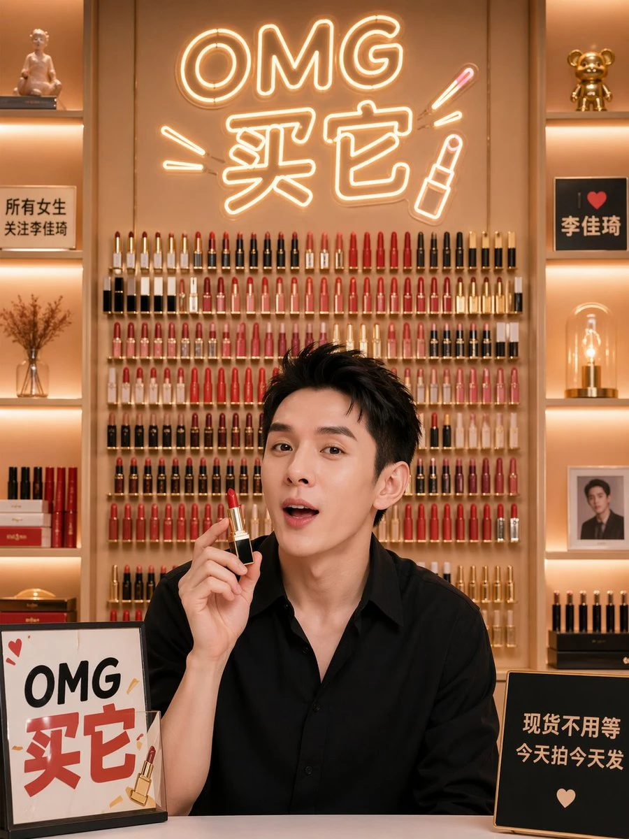 A man in a black shirt holds a lipstick in front of a vibrant display wall, featuring warm lighting and promotional signs