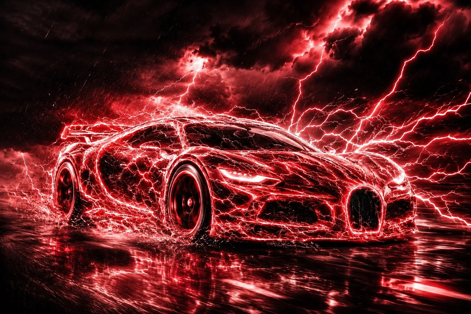 Red lightning storm supercar ad with an electric sports car on a wet reflective road