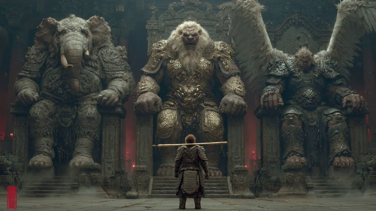 Cinematic Journey to the West demon court scene with Sun Wukong facing elephant, lion and roc kings on massive thrones