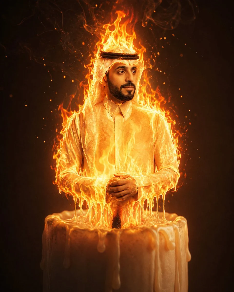 A surreal portrait of a person becoming a giant candle flame, with melted wax, smoke, embers, and warm cinematic lighting