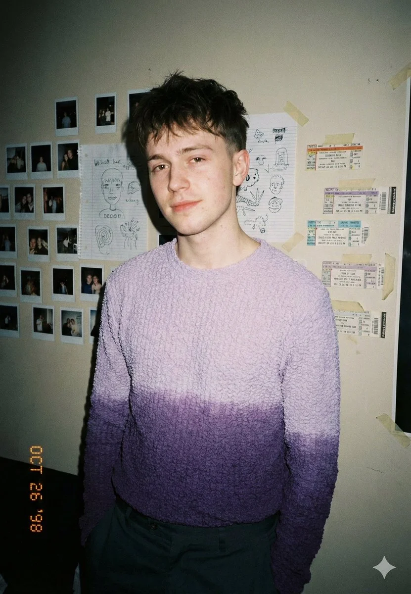 Lo-fi bedroom editorial portrait with relaxed pose, grainy flash texture, and intimate late-night styling