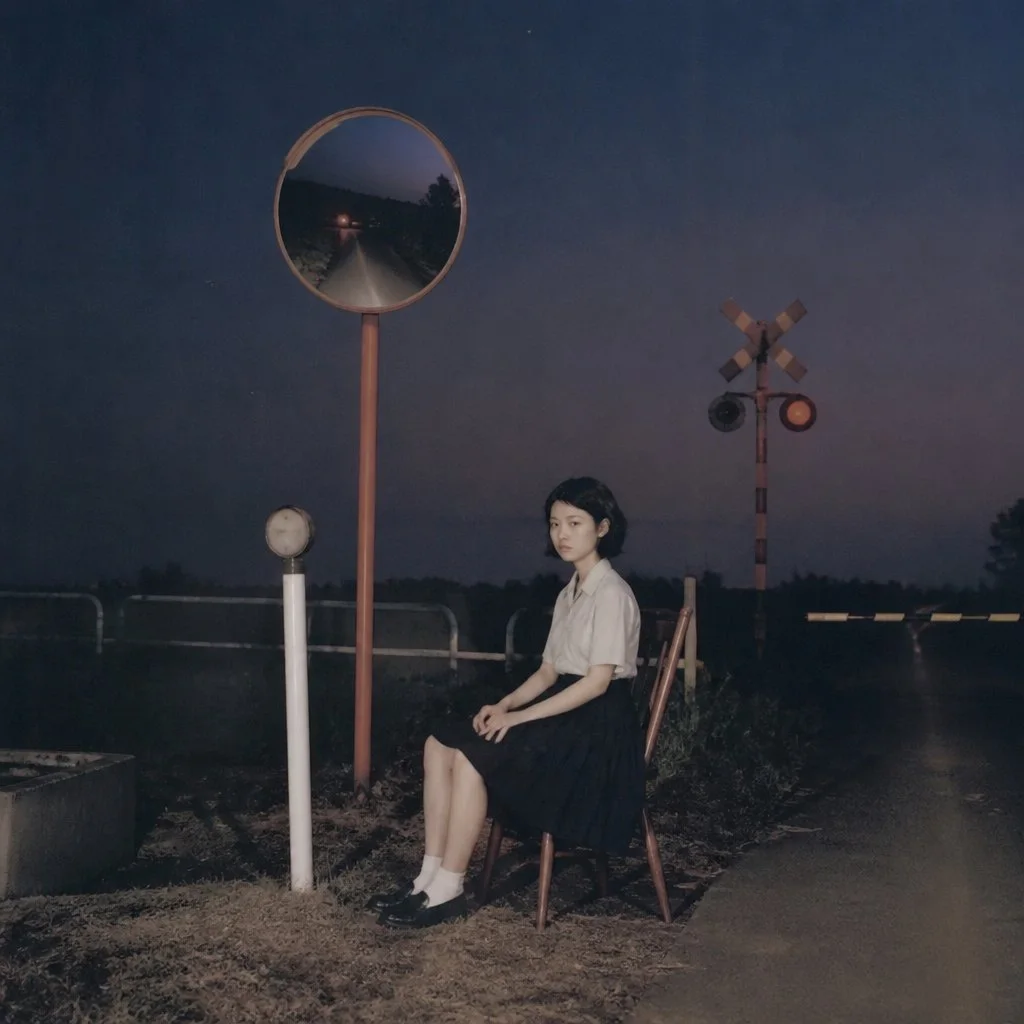 A young girl sits alone on a wooden chair beside a rural railway crossing at dusk, wearing a white blouse and dark skirt.