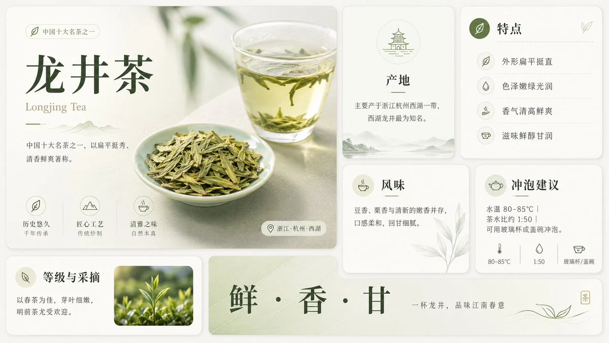 Longjing Tea Infographic Poster with structured callouts, clean hierarchy, and educational poster layout