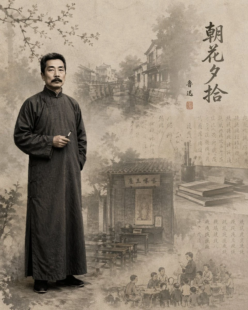 Lu Xun stands in a traditional outfit against a softly blurred background depicting a serene riverside scene and classroom, evoking themes from Morning Flowers