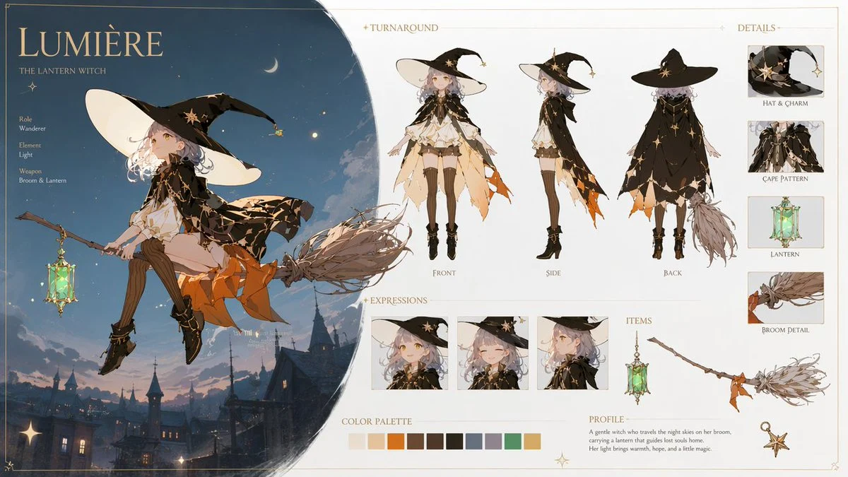 Lumière Lantern Witch Character Sheet with character-focused concept art, game-ready styling and detailed fantasy design