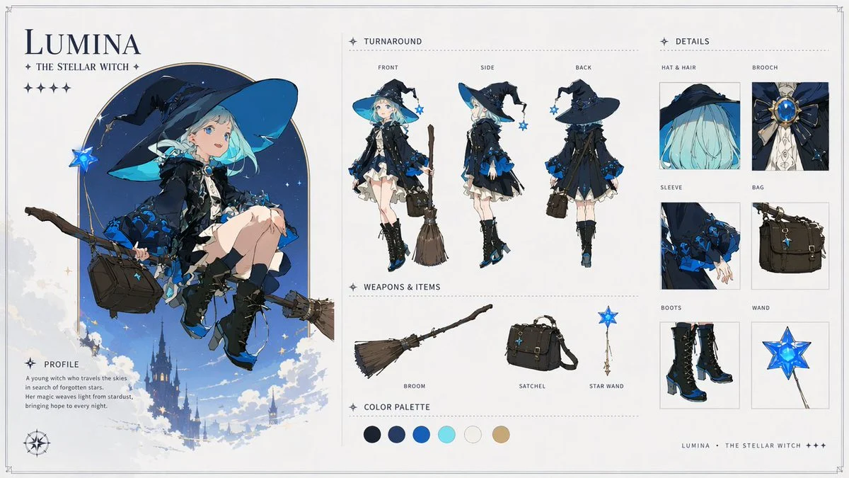 Lumina Stellar Witch Character Sheet with sequential storytelling, expressive character design and cinematic panel composition