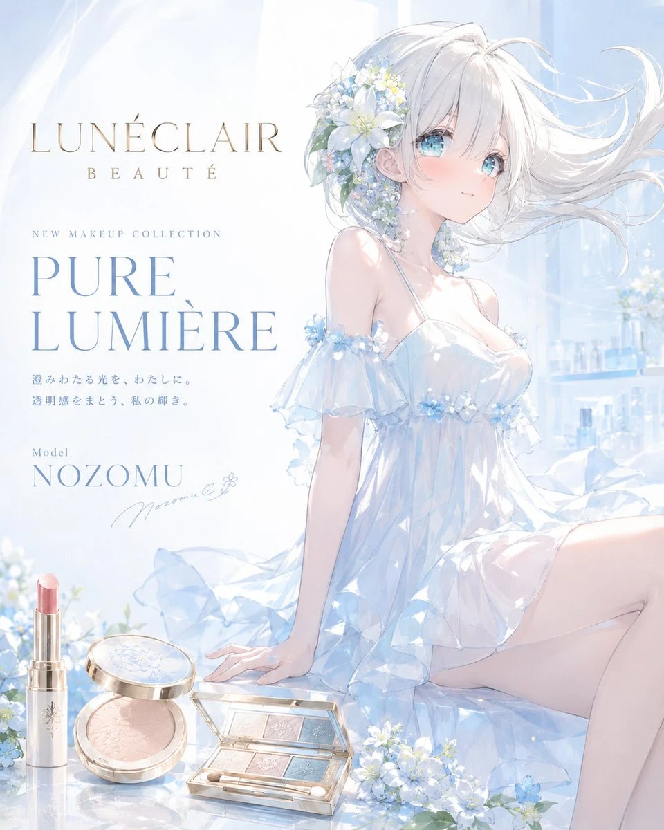 Luxury anime cosmetics poster with pale blue model, lipstick, compact powder and Luneclair campaign text