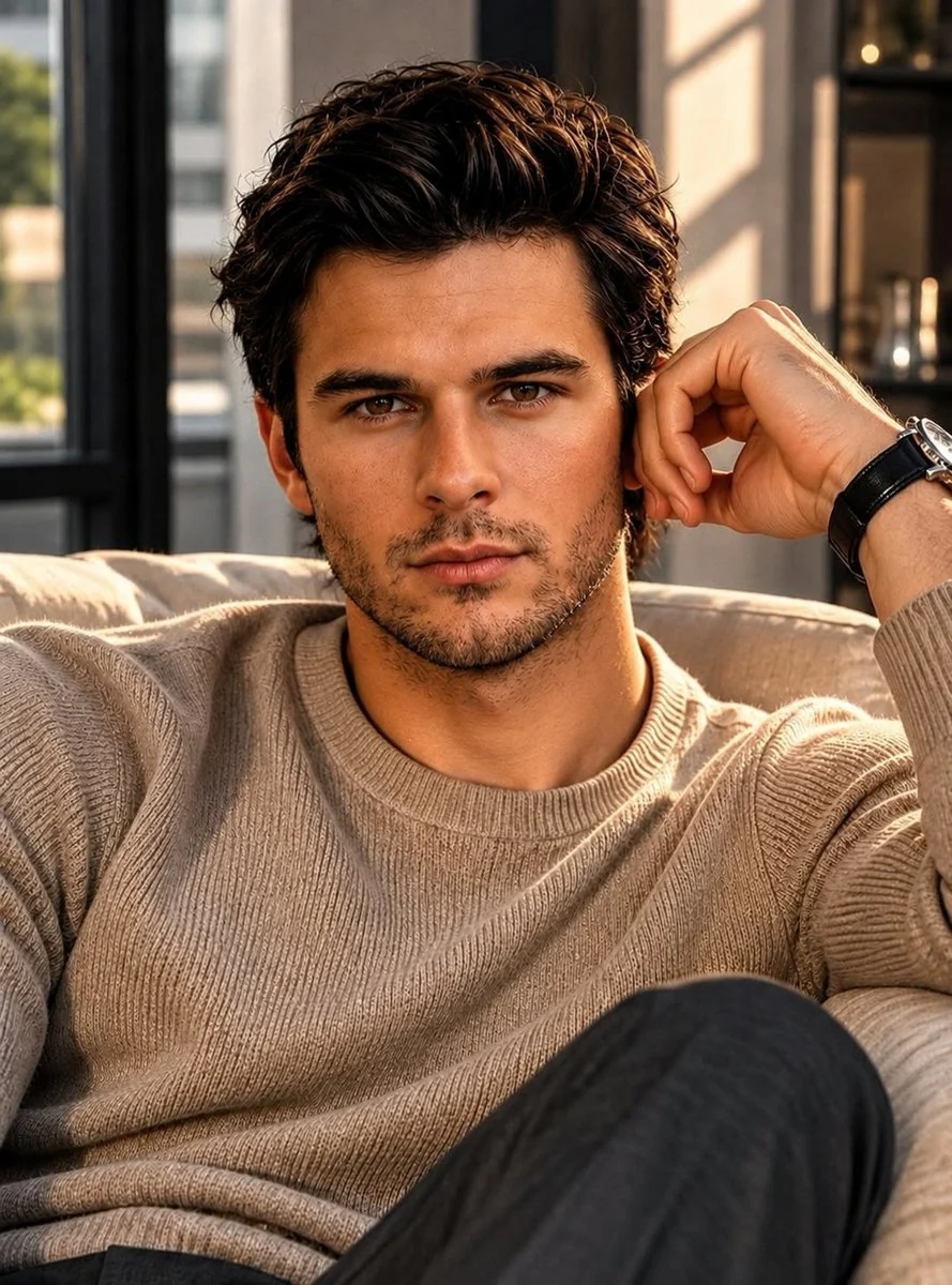 Young man in a beige sweater seated on a sofa in a sunlit luxury apartment