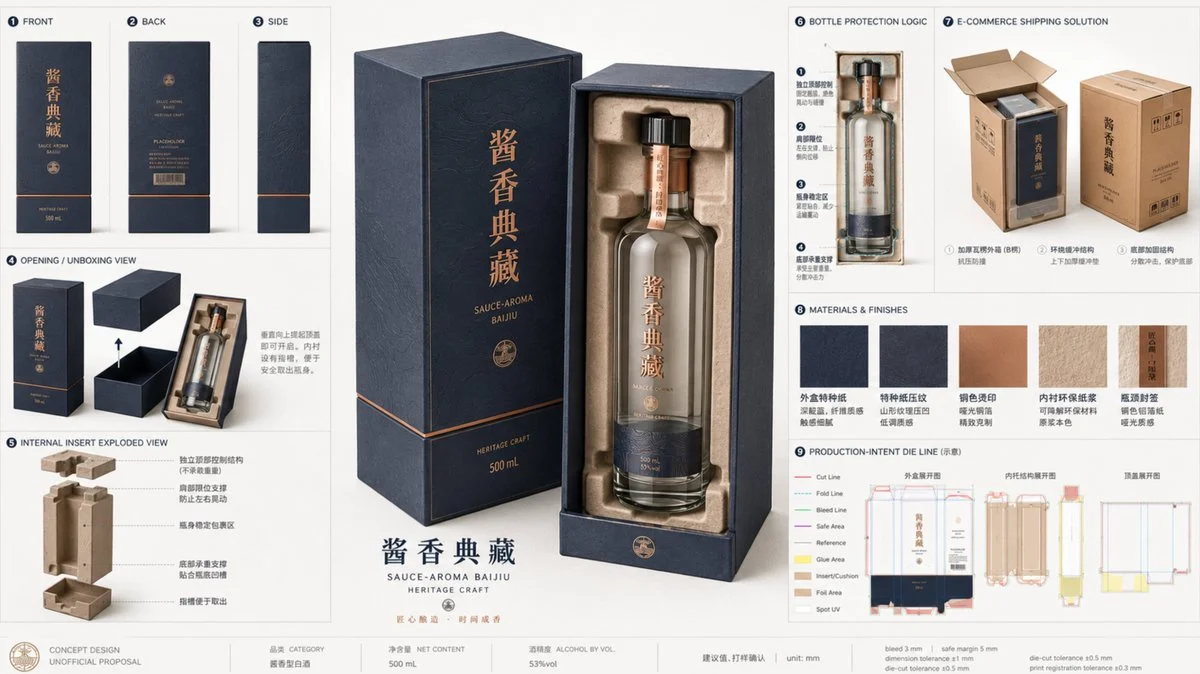 Luxury Baijiu Packaging Design Board ad creative with product-focused composition, campaign styling and commercial lighting