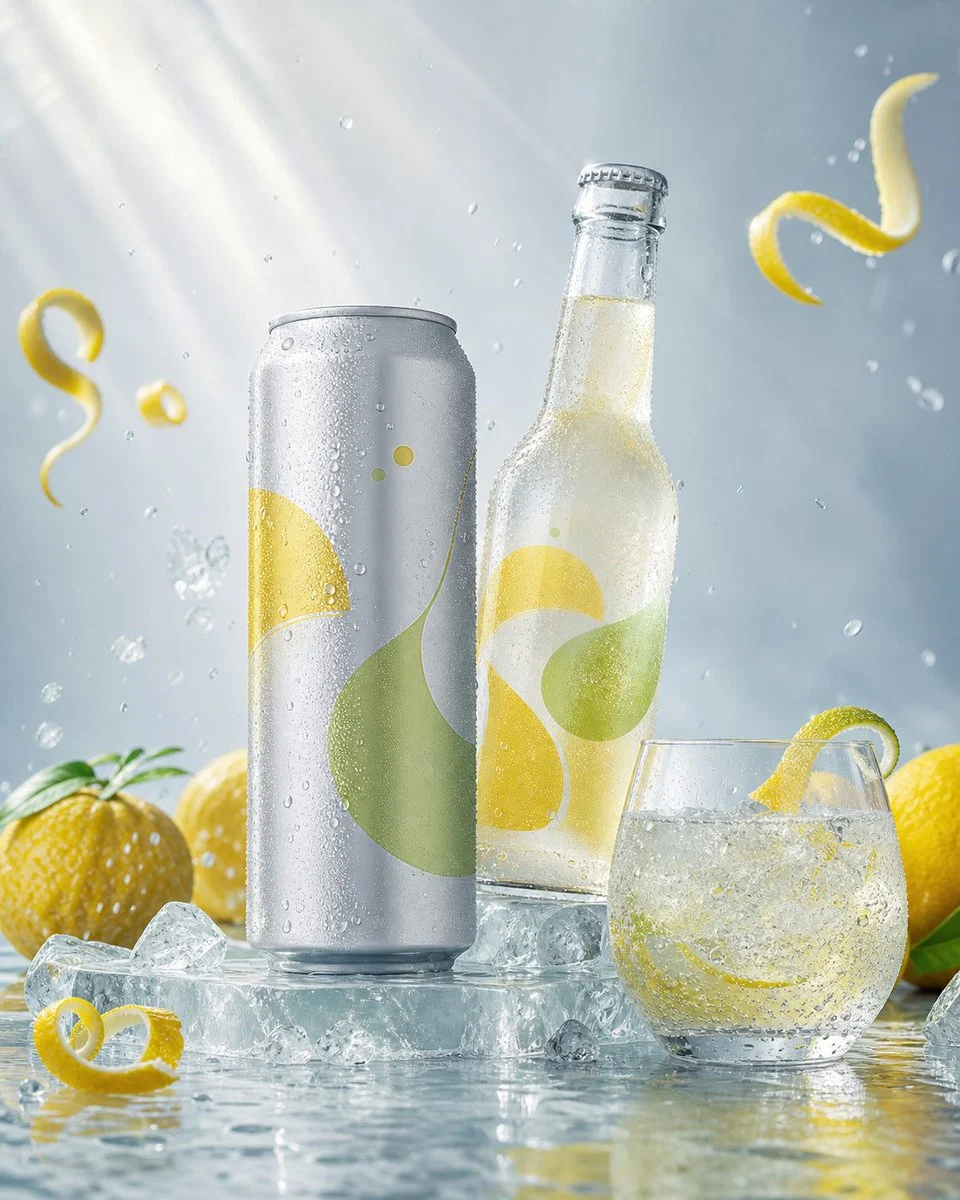 Luxury Citrus Sparkling Drink Advertisement ecommerce visual with clean product presentation, shop-ready composition and detailed styling