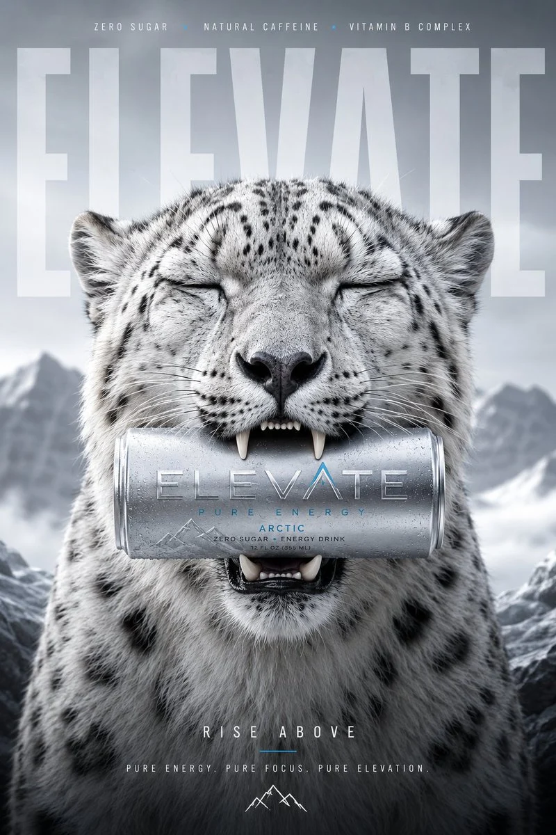 Luxury Energy Drink Snow Leopard Ad with campaign-ready styling, commercial lighting, and strong product-ad composition