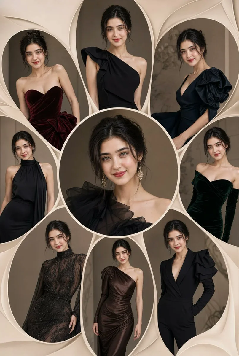 A sophisticated multi-frame collage prompt creating a consistent fashion editorial aesthetic across varied poses and dark couture outfits