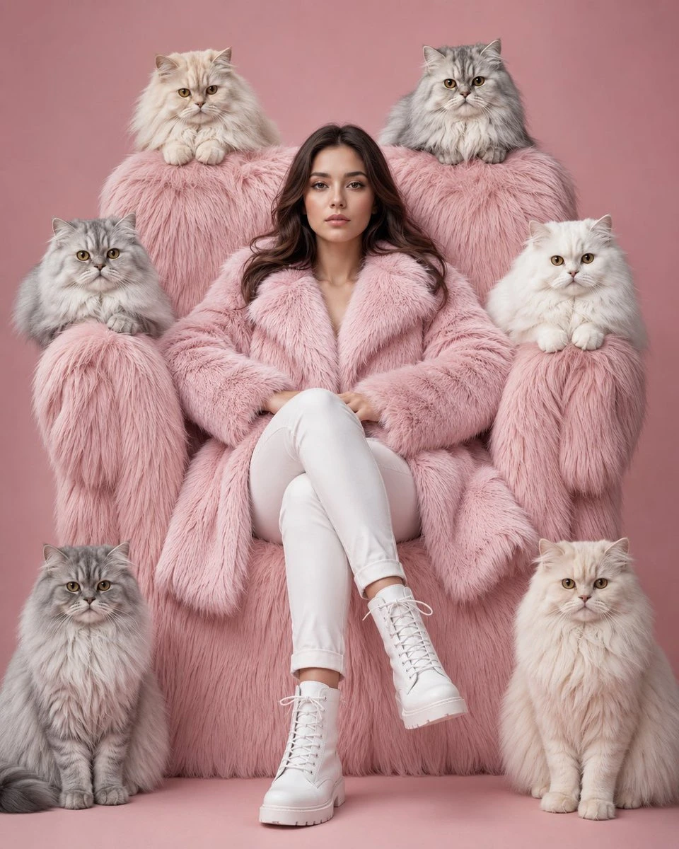 Luxury fashion editorial of a woman in pink faux fur surrounded by six fluffy Persian cats