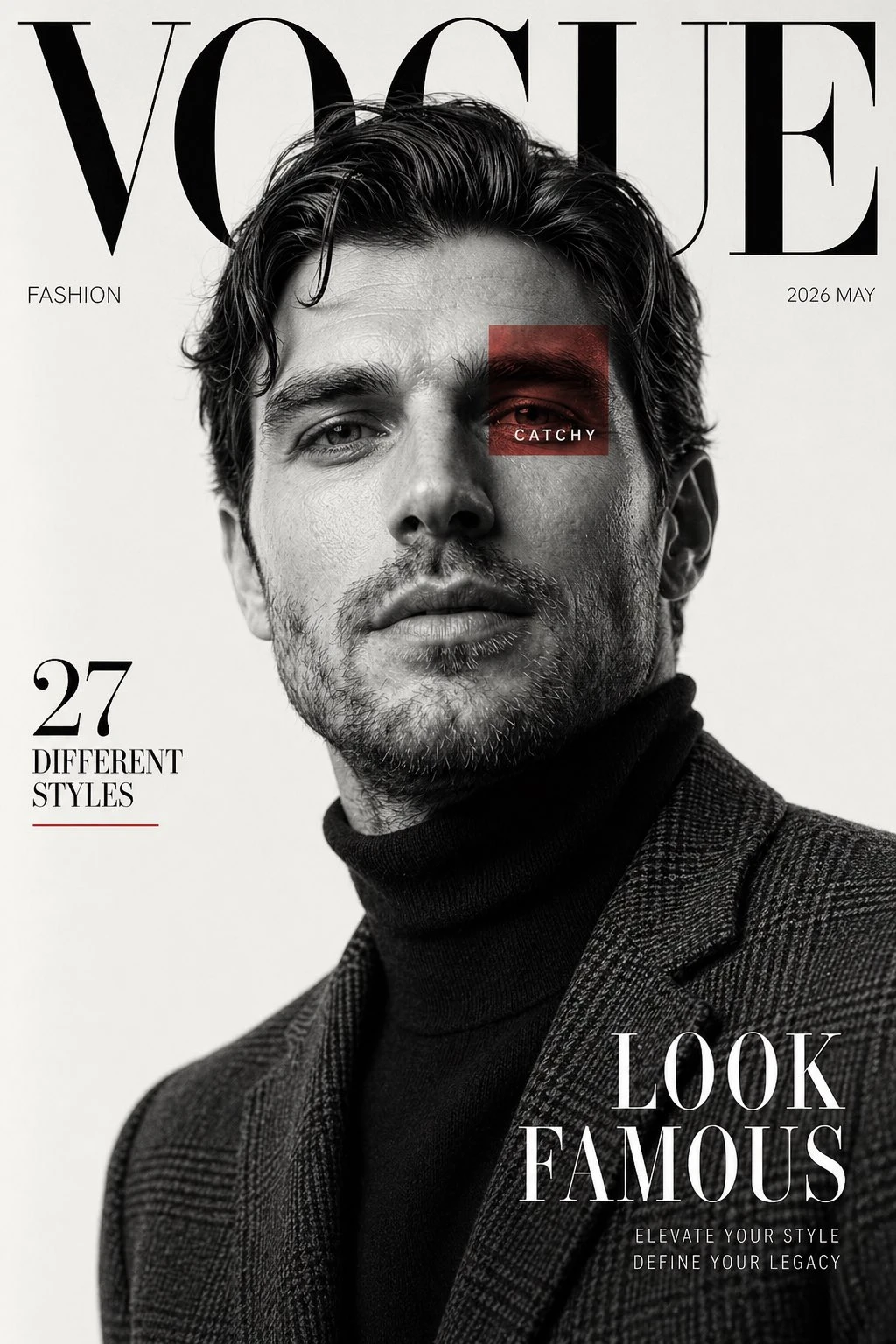 A confident male model poses in a black turtleneck and plaid blazer on a luxury fashion magazine cover, featuring bold typography and dramatic shadows