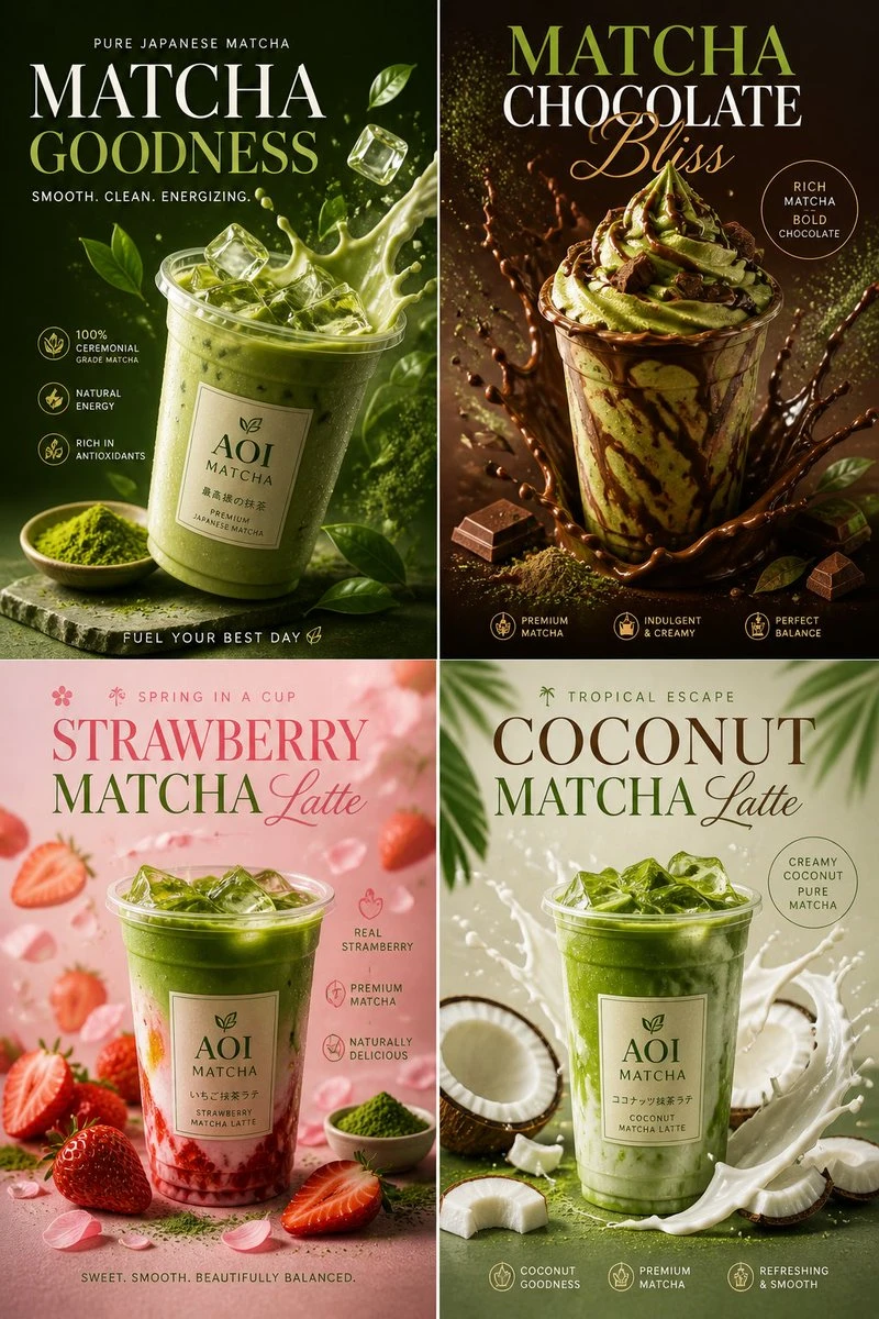 Four matcha beverage posters showcase vibrant drinks, each featuring unique flavors like strawberry and coconut, with appealing typography and textures