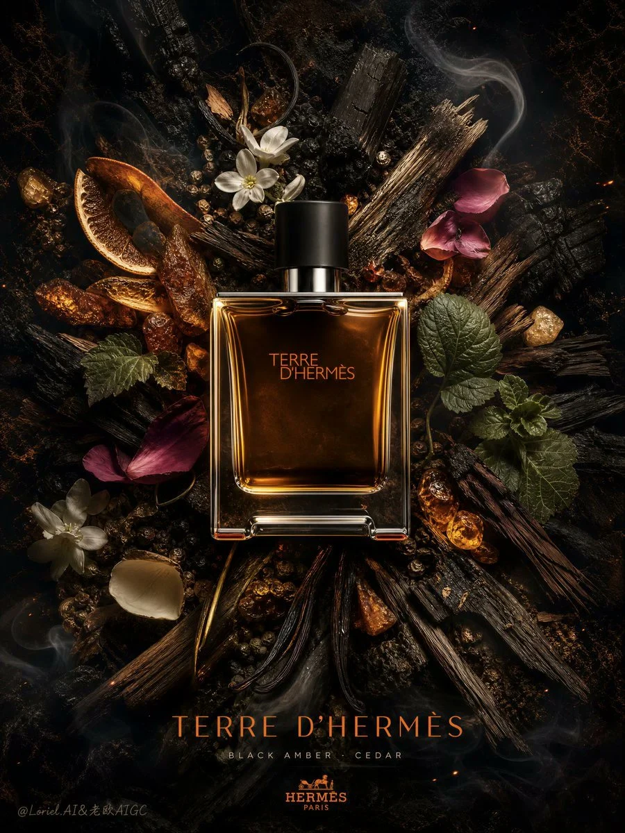 Luxury Fragrance Flat-Lay Poster: product ad preview with campaign styling and polished commercial composition.