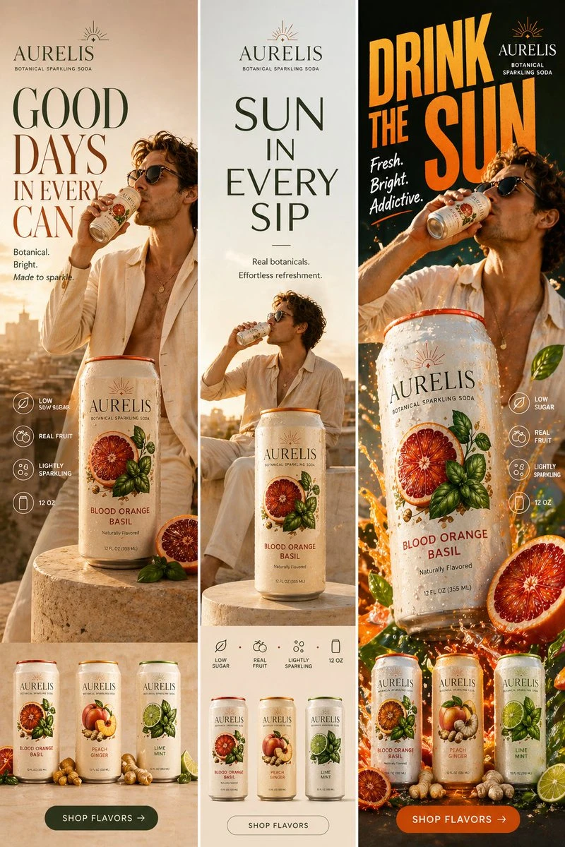 A man in a light shirt drinks a can of sparkling soda, with product images and text about flavors in the background.