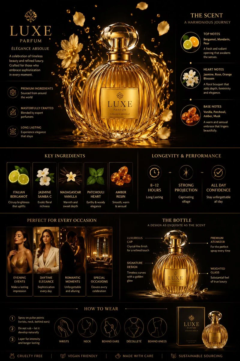 GPT Image 2 prompt example showing a black and gold luxury perfume infographic ad with fragrance notes and product callouts