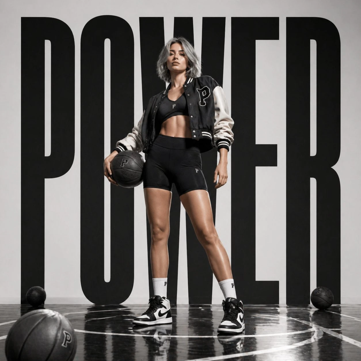A confident female athlete stands in a modern studio, holding a basketball beside her, with bold "POWER" typography dominating the background