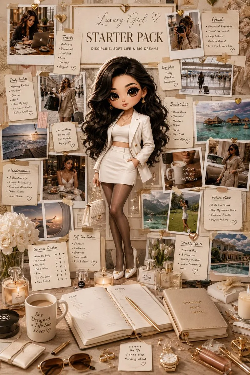 Luxury starter pack vision board shows a chibi fashion doll surrounded by travel photos, notes and lifestyle goals