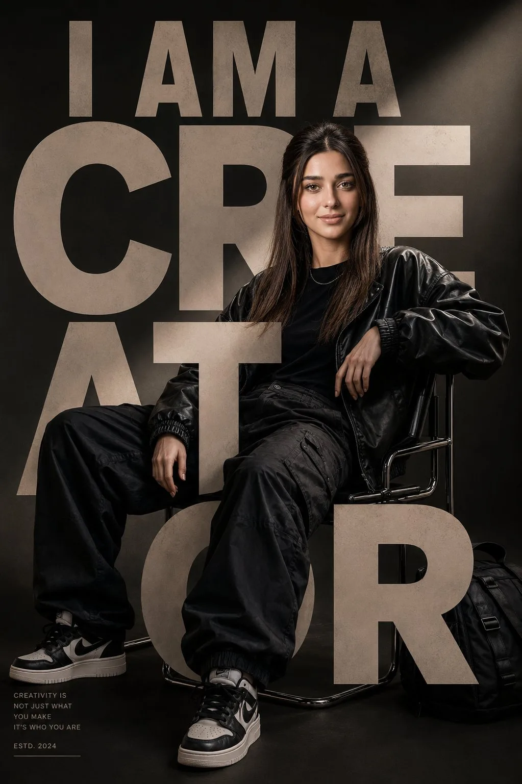 Luxury Streetwear Chrome Chair Portrait with commercial product staging, campaign-style lighting and polished advertising layout