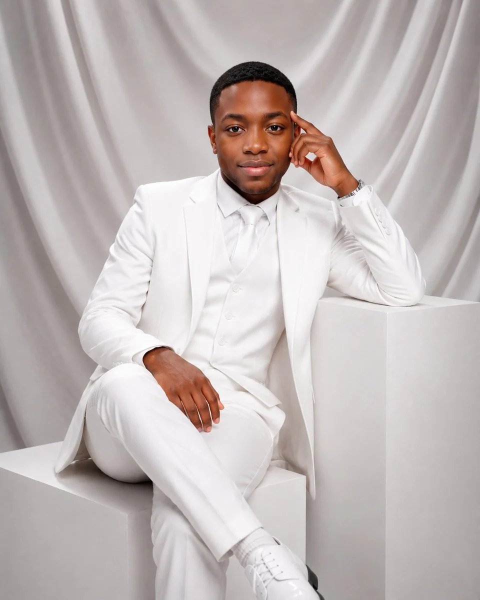 Luxury White Suit Studio Portrait with expressive portrait styling, crisp facial detail and profile-ready composition