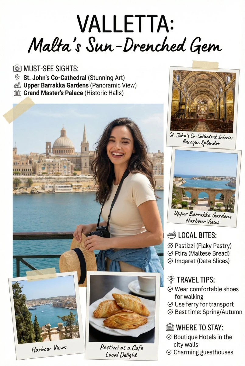 A smiling woman stands by the waterfront in Valletta, Malta, holding a camera and hat.
