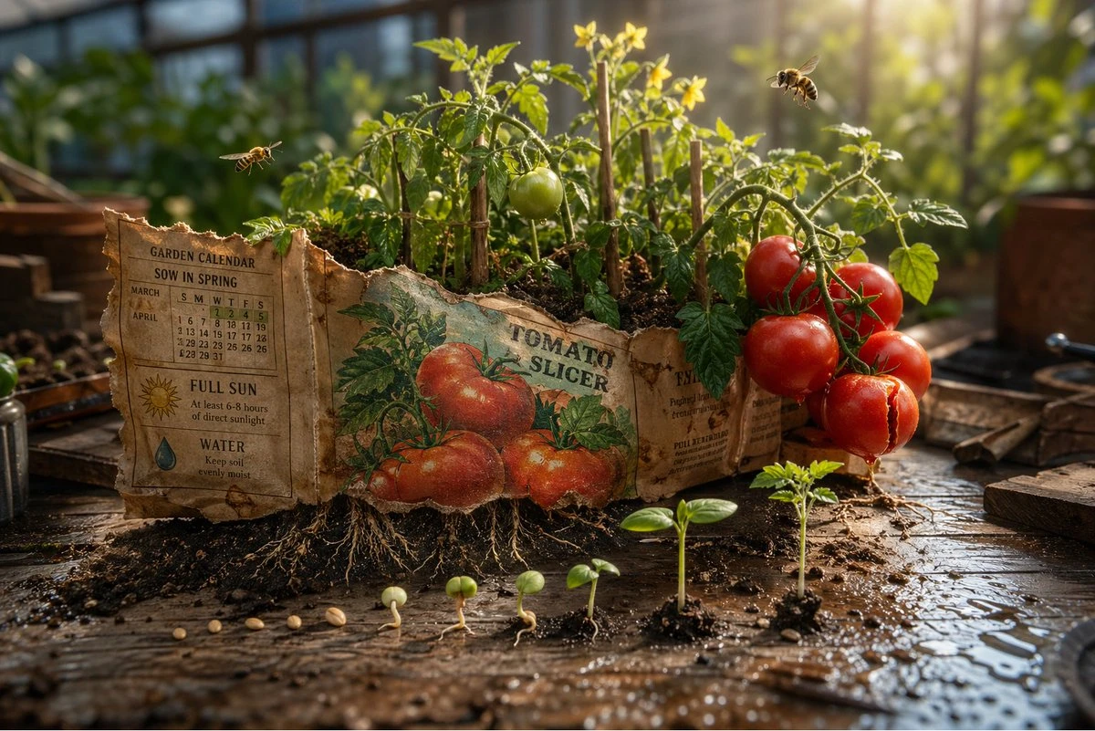 A weathered seed packet labeled "Tomato Slicer" lies open on a potting bench, with vibrant tomato plants growing from it and scattered seeds showing various germination stages