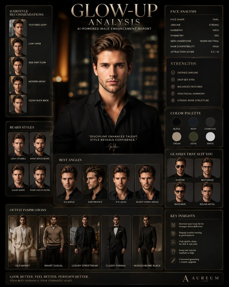 A male glow-up analysis poster featuring a stylishly dressed man with various hairstyle and beard recommendations, set against a luxurious dark background