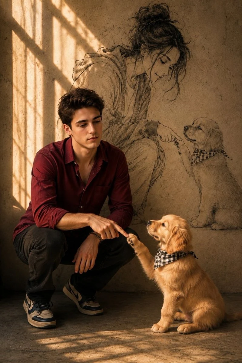 Man and Puppy With Wall Sketch with sequential panels, clear scene planning and cinematic visual flow