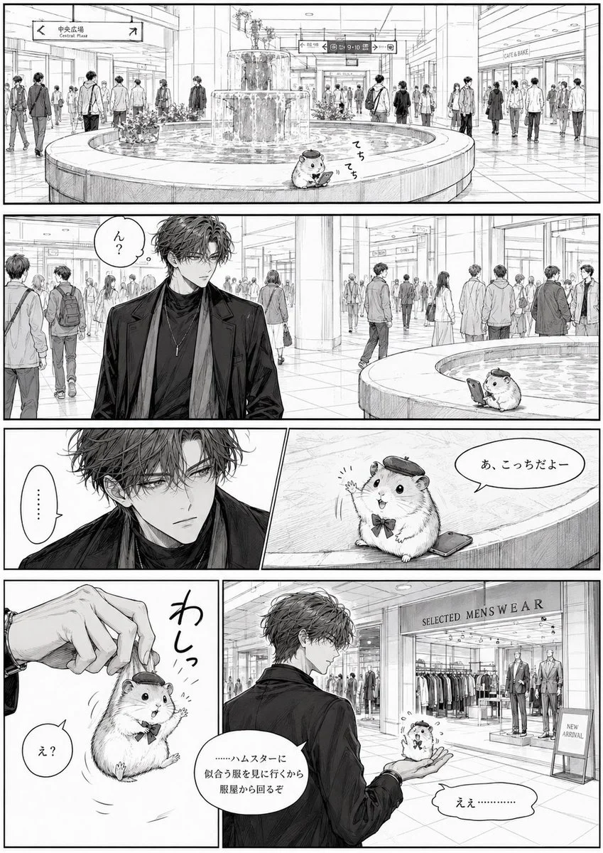 Black-and-white manga page of a stylish young man meeting a tiny beret-wearing hamster in a mall