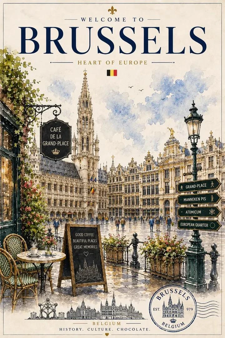 Vintage watercolor travel poster of Brussels featuring a café scene at Grand Place.