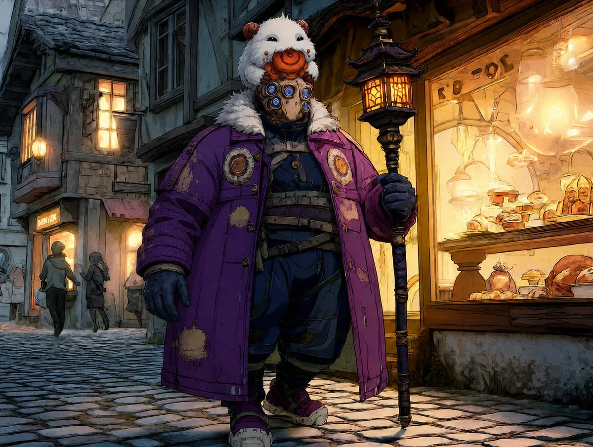 A tall anthropomorphic bear-like wanderer in a purple winter coat stands in a cobblestone alley at night, holding a lantern.