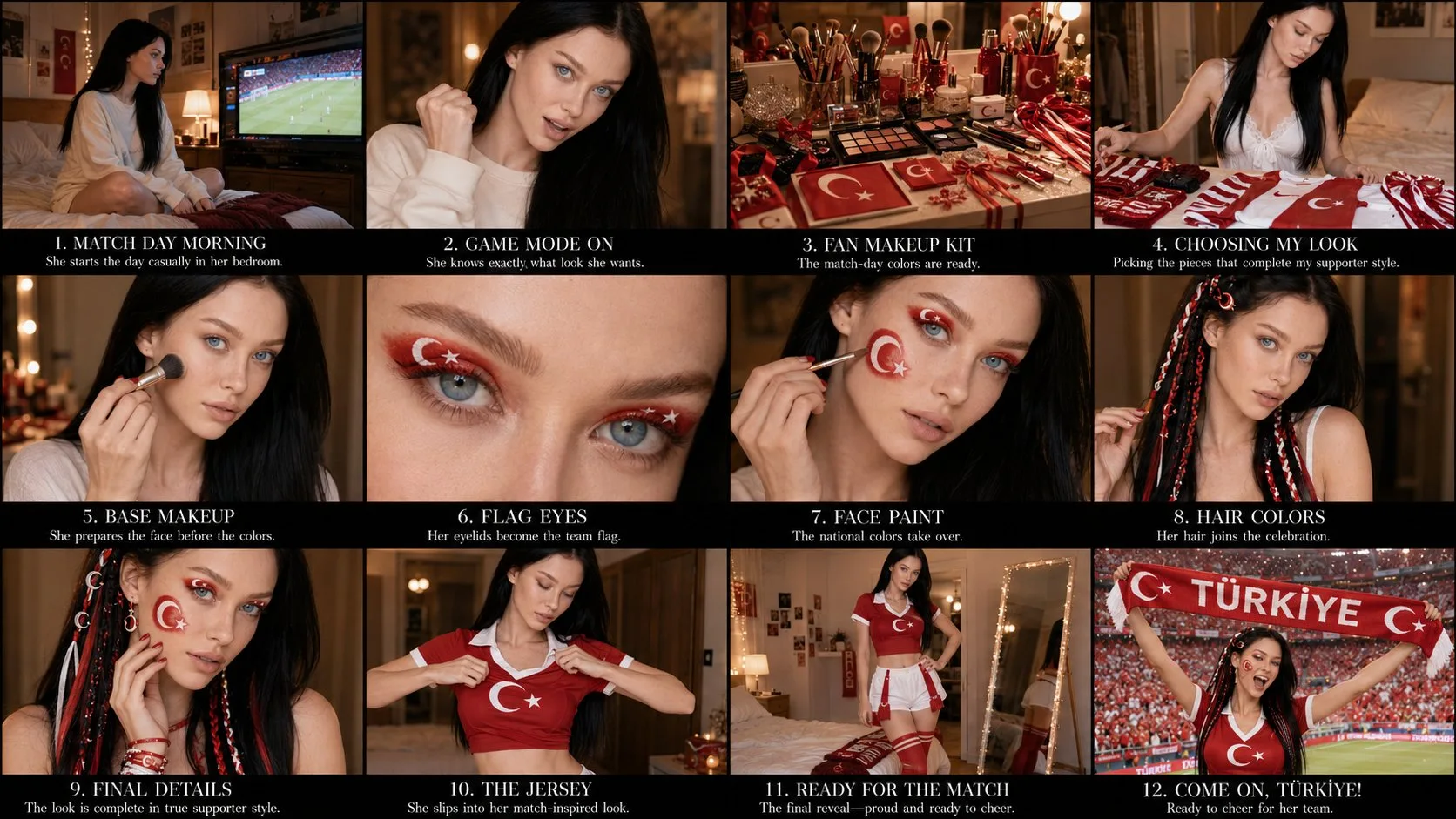 Match-day supporter transformation board with cinematic football fan portraits arranged in a 12-panel storyboard grid