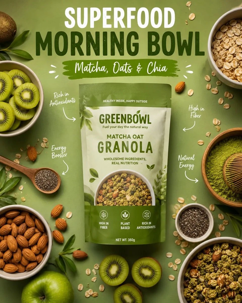 Matcha Oat Granola pouch is showcased in a flat lay with kiwi slices, almonds, and chia seeds against a vibrant green background, emphasizing a healthy breakfast