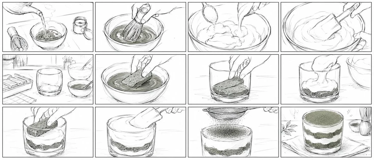 Anime storyboard sequence showing matcha tiramisu preparation, with charming food panels and step-by-step visual rhythm.