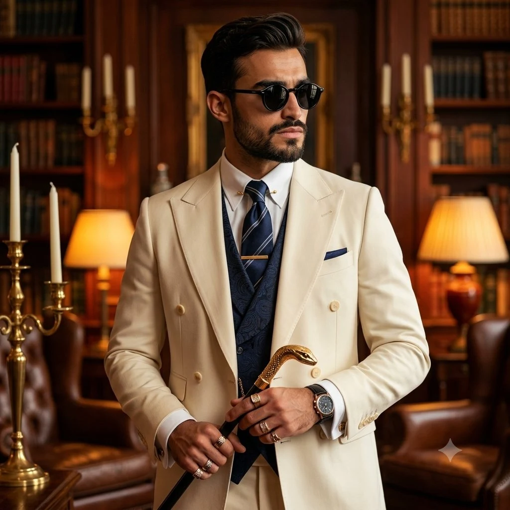 Luxury fashion portrait of a mature gentleman in a cream double-breasted suit, sunglasses, rings, and refined editorial lighting.