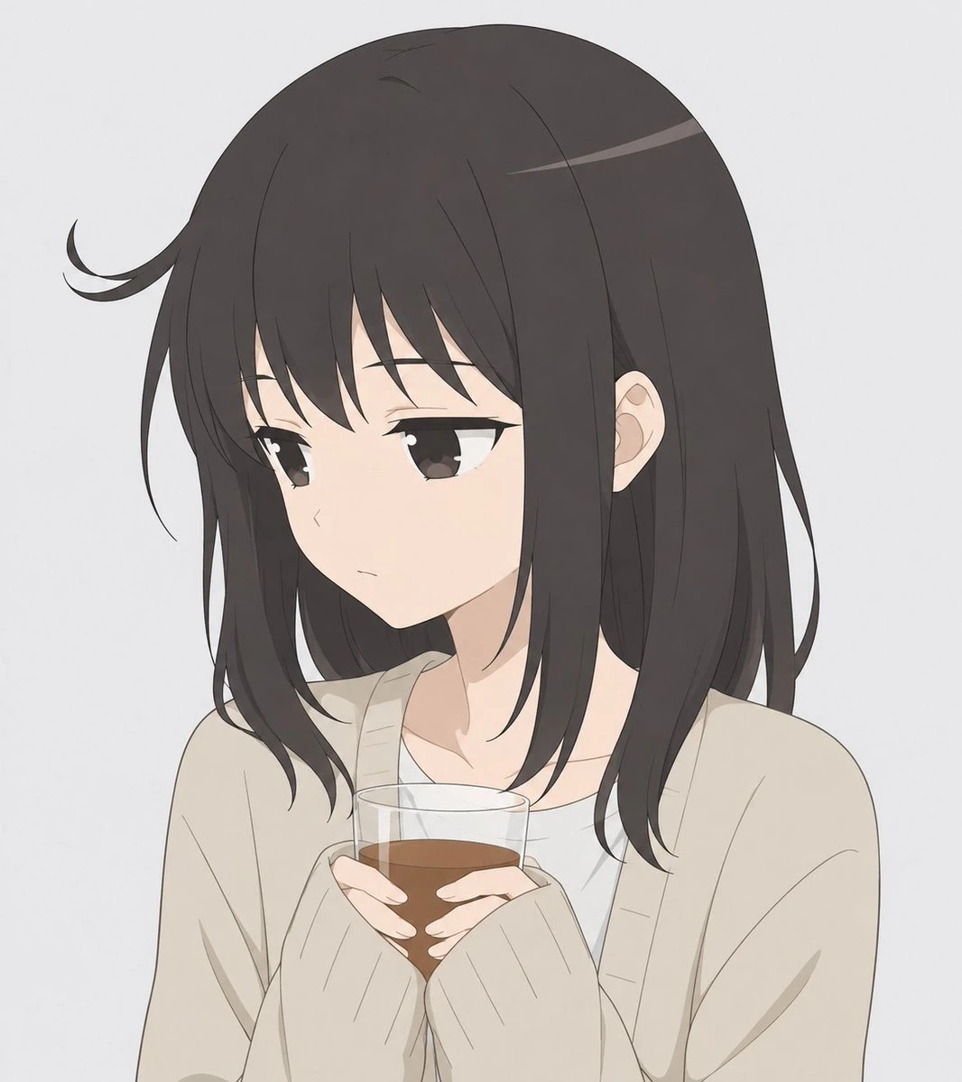 Melancholic anime girl in a cream cardigan holding a small cup against a clean white background