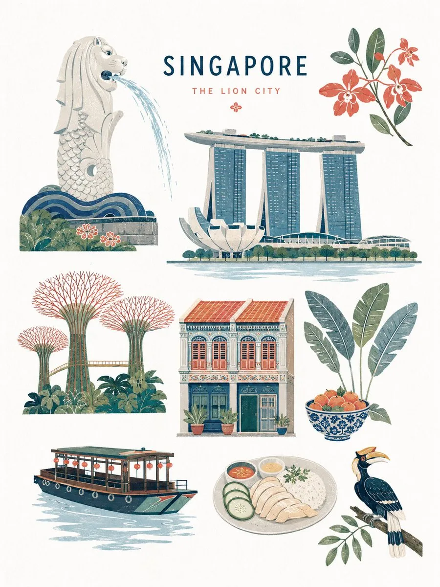 Mid-century editorial illustration sheet shows Singapore landmarks, tropical plants and refined print textures on white paper