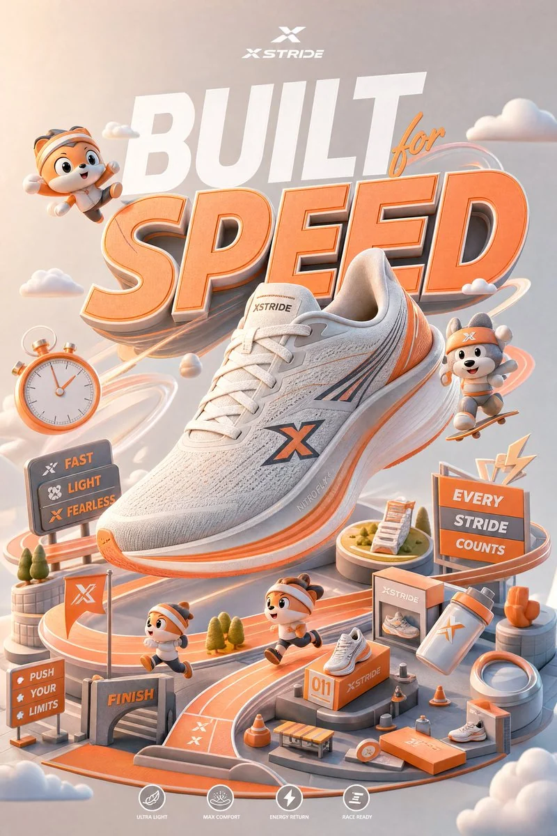 Miniature brand universe built around a running shoe with floating tracks, speed trails, mascots and commercial 3D styling