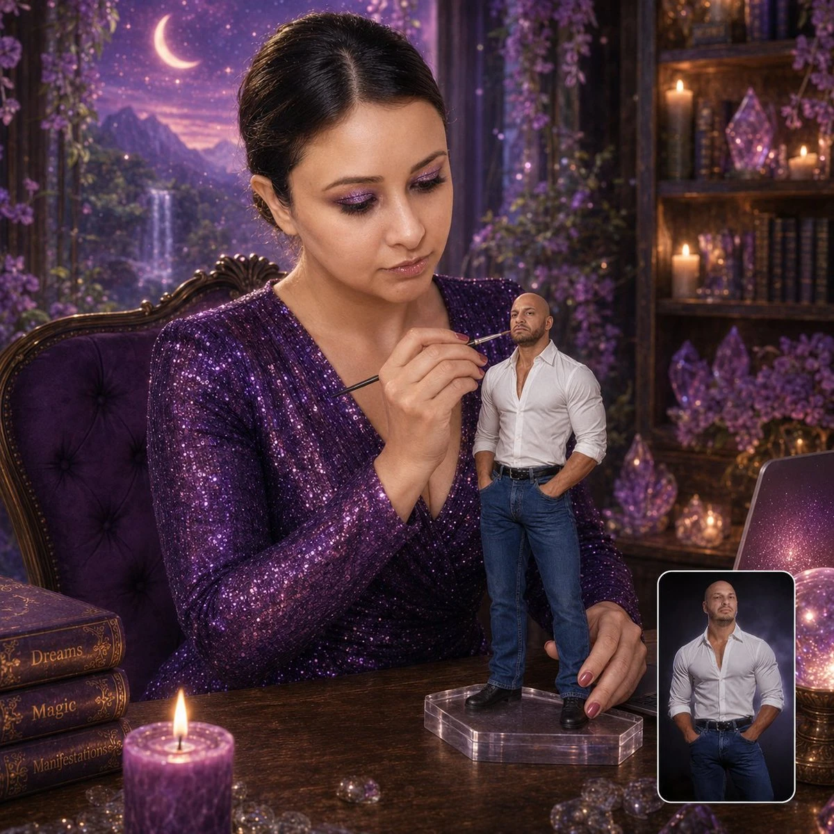Miniature figurine painting scene with a fantasy desk setup, cinematic studio lighting, and detailed handcrafted atmosphere.