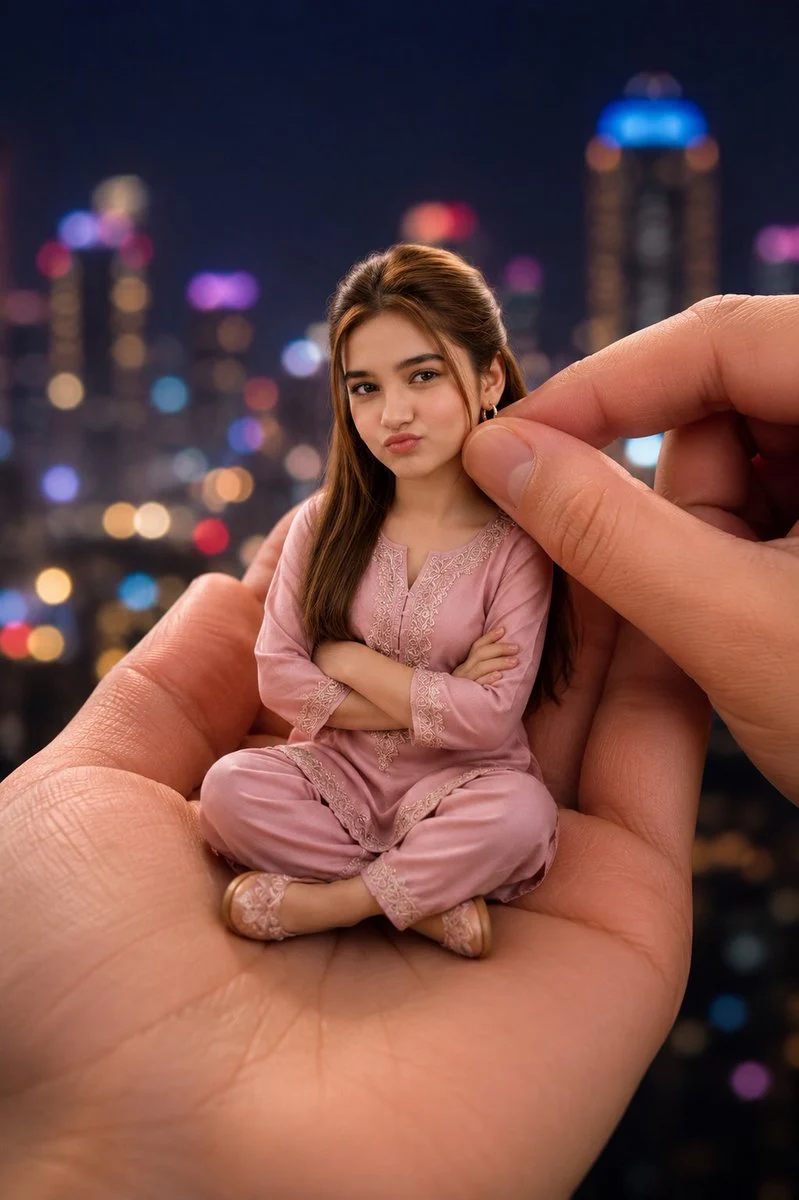 Miniature Girl in Giant Palm with scroll-ready composition, strong focal subject, and polished social post styling