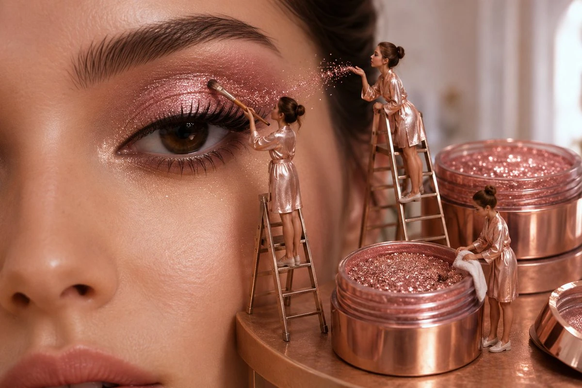 Miniature makeup artists working around a giant eye with rose-gold cosmetics and sparkling pink shadow