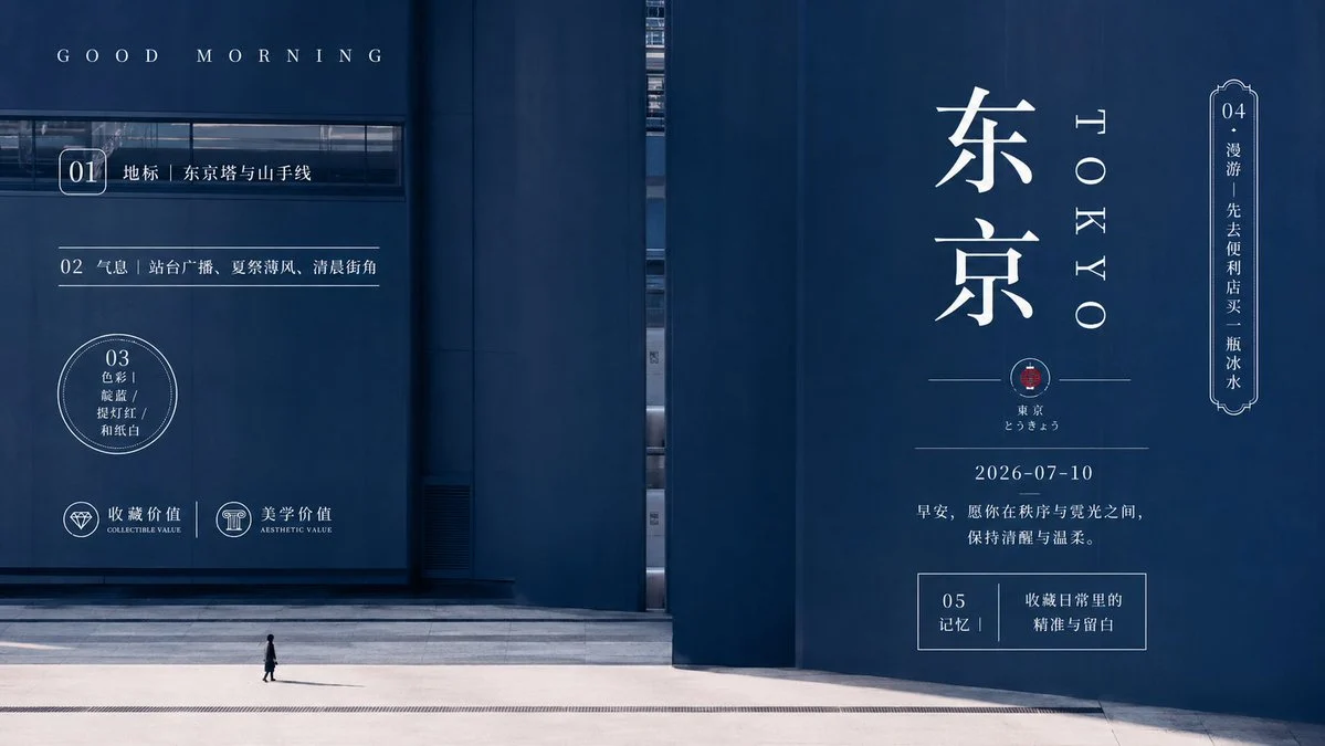 Minimalist Tokyo morning poster with a dark architectural facade and small pedestrian