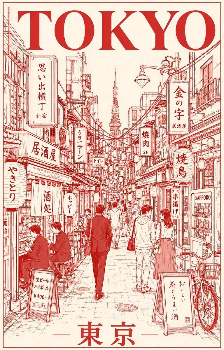 Minimalist Tokyo night travel poster showing a lantern-lit alley, compact storefronts, and atmospheric urban detail.