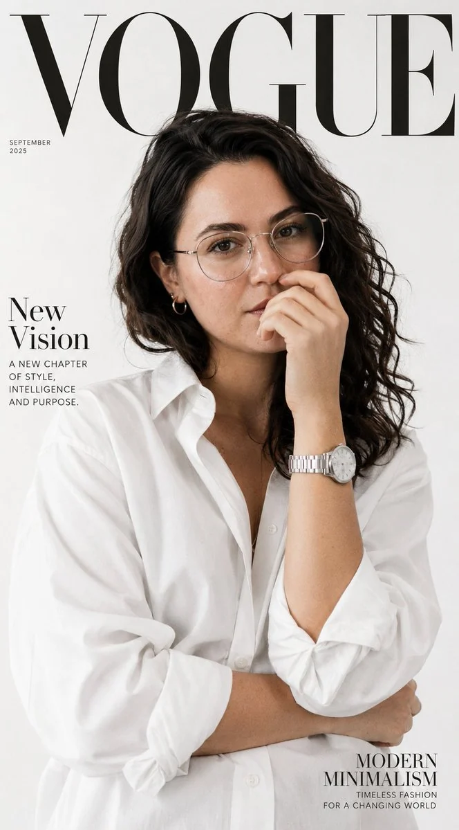 Minimalist fashion editorial cover with refined portrait styling, sparse layout and high-end magazine composition