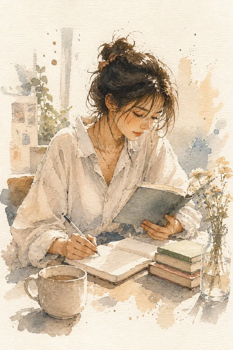 A soft watercolor illustration of a woman reading and journaling in a cozy setting with a Japanese anime aesthetic