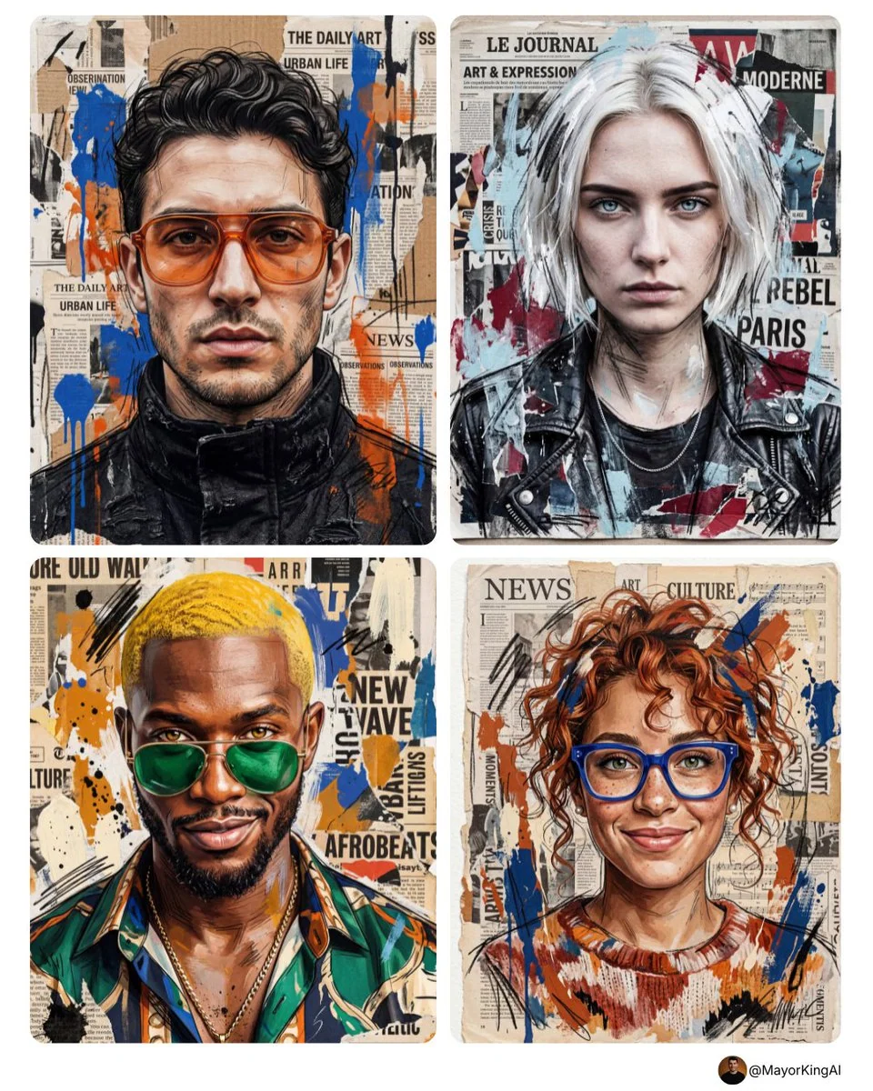 GPT Image 2 prompt example showing four mixed-media editorial portraits layered with newspaper collage and paint textures